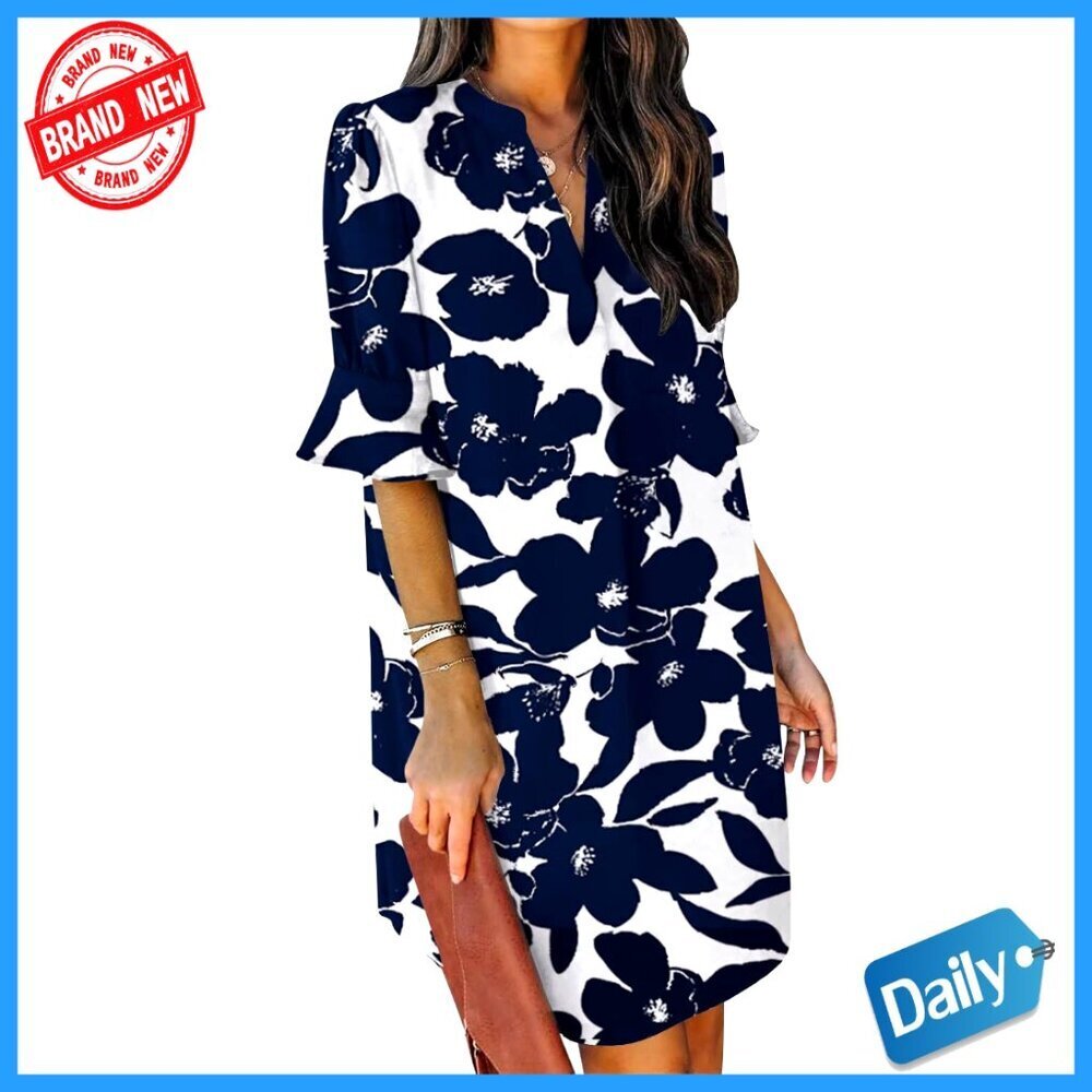 V-Neck Ruffle Shift Dress, Polyester Casual Summer Dress for Women